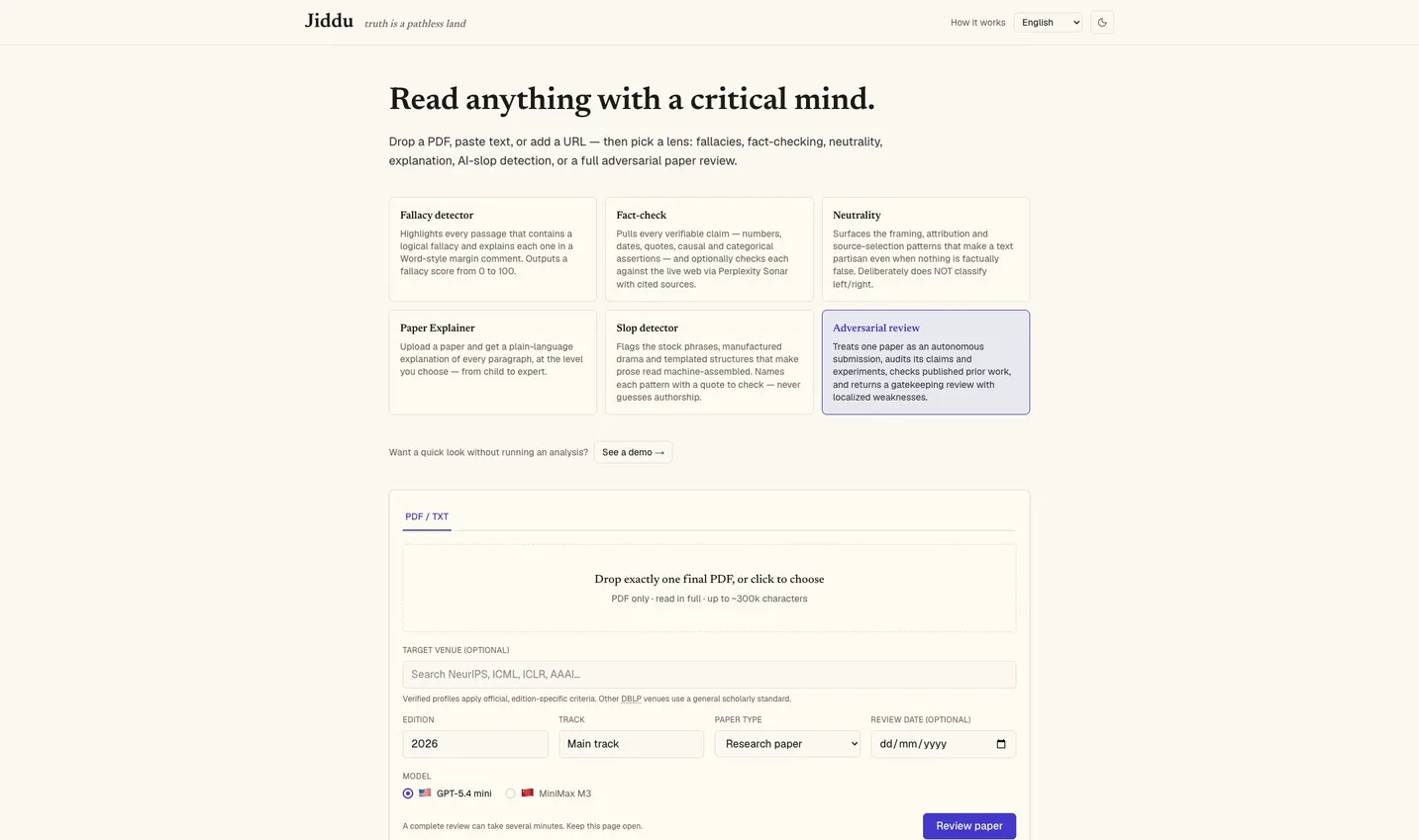 Jiddu adversarial-review screen at jiddu.app: six critical-reading lenses sit above a PDF-only review form. The selected Adversarial review lens asks for a manuscript, target venue, edition, track, paper type, review date, and model before running the review.